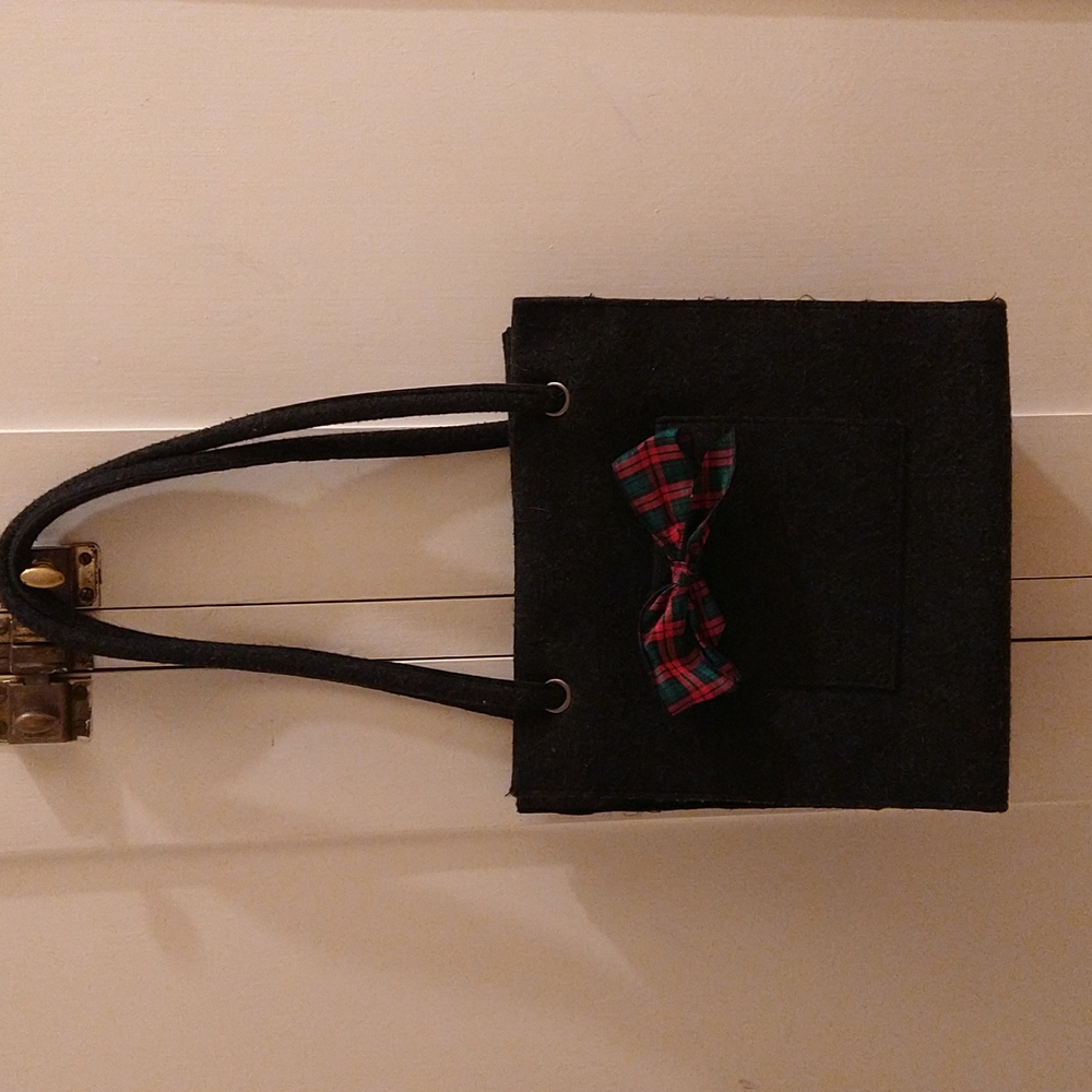 Deep grey mini tote bag with red plaid bow